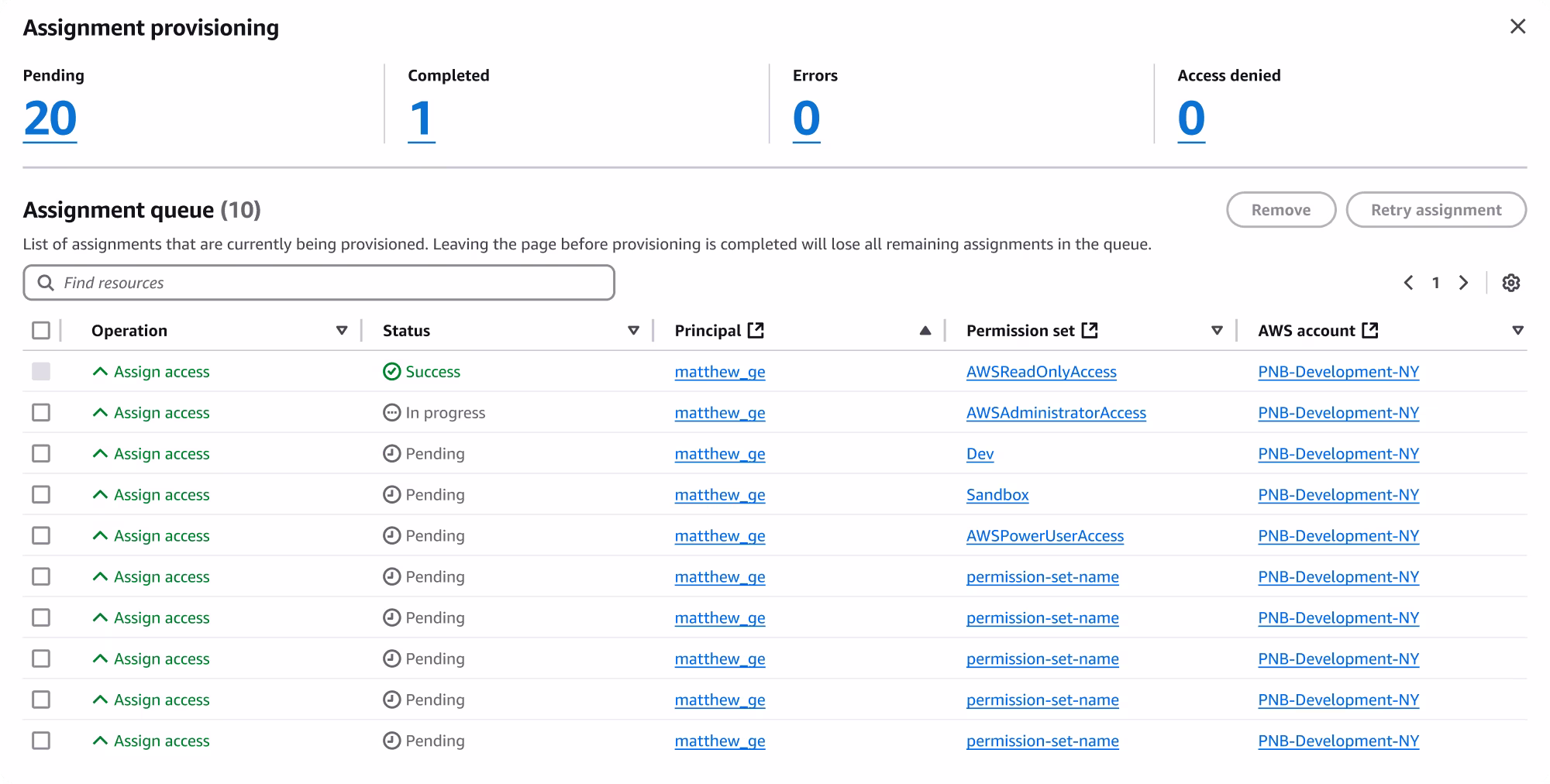 interface showing status of in-progress account access assignments