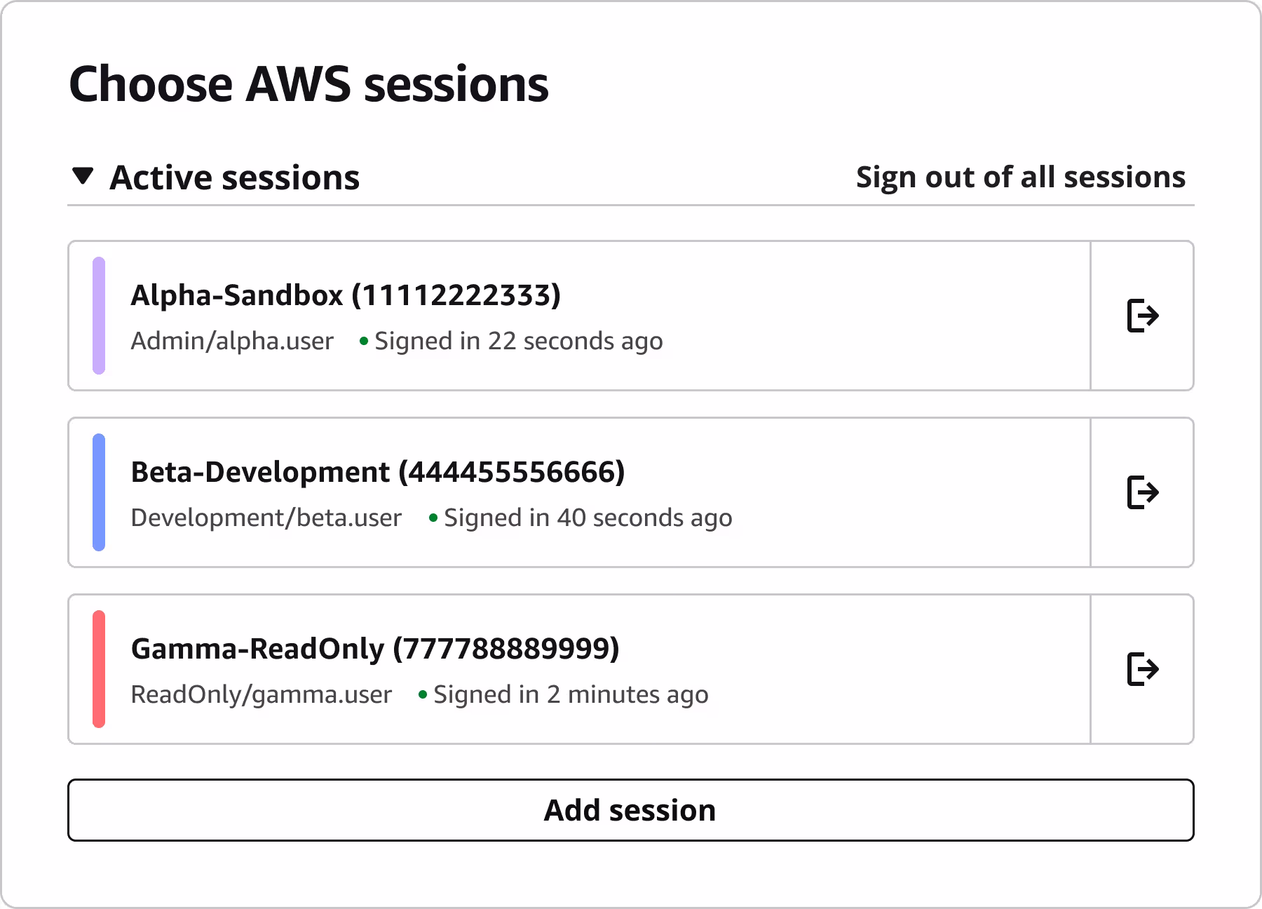 interface for picking how to sign in when you have multiple active AWS sessions