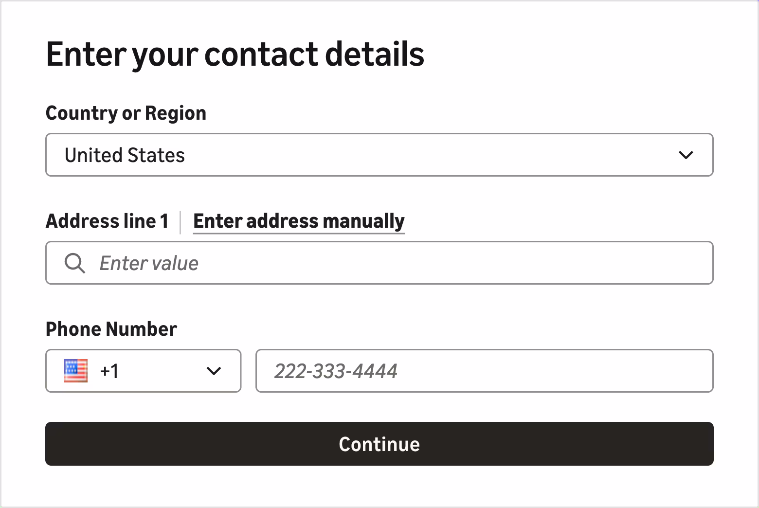 Enter contact details interface