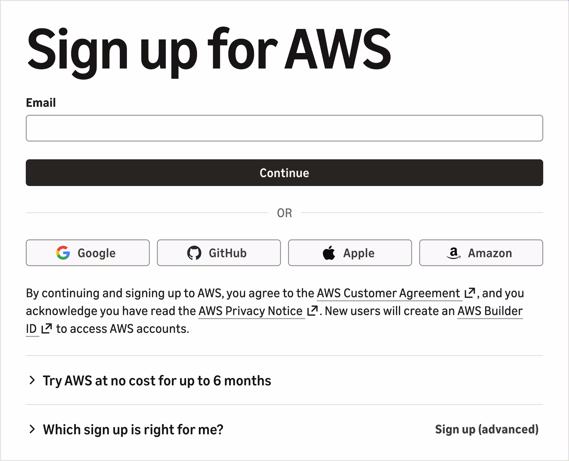 Sign up for AWS form interface