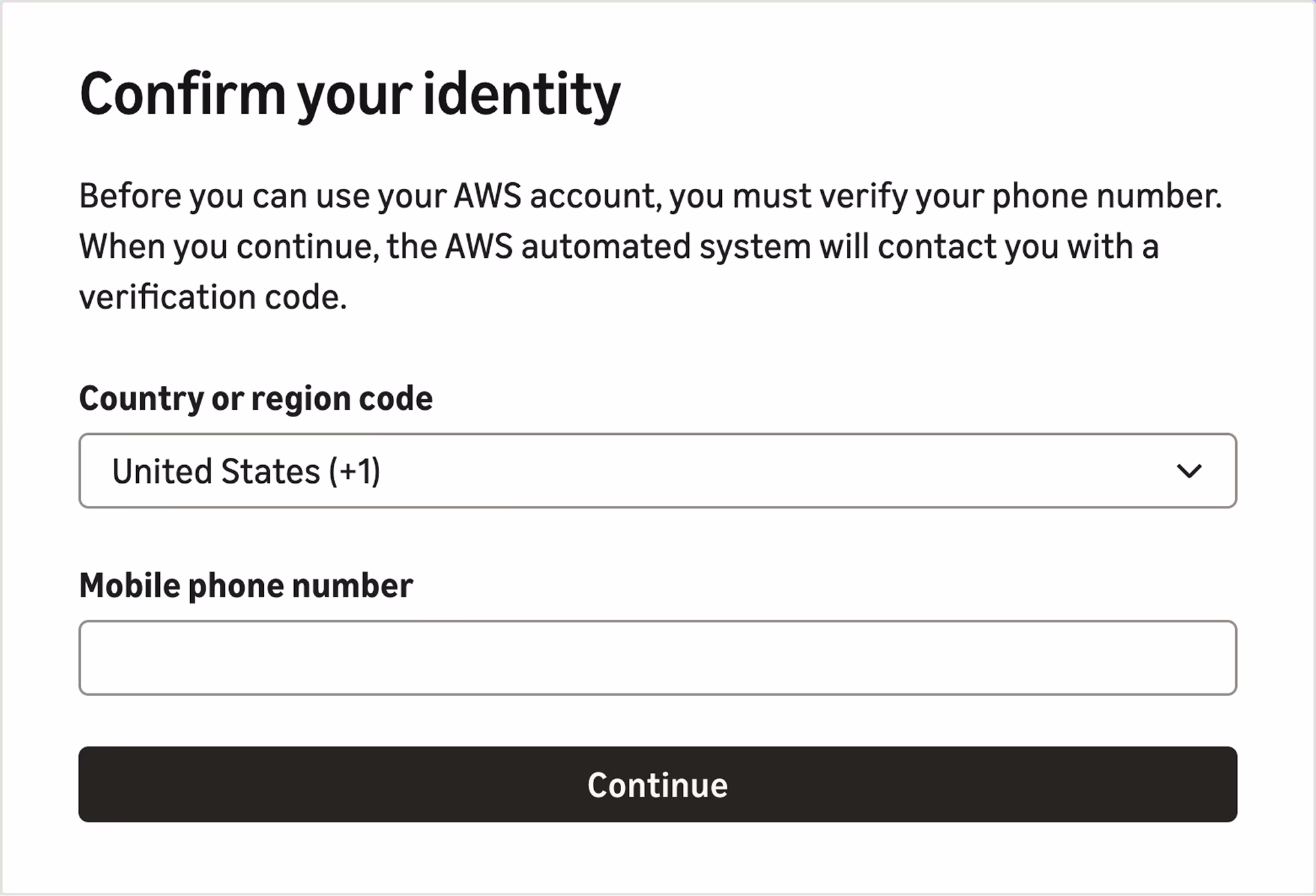 interface to verify your phone number on AWS sign-up