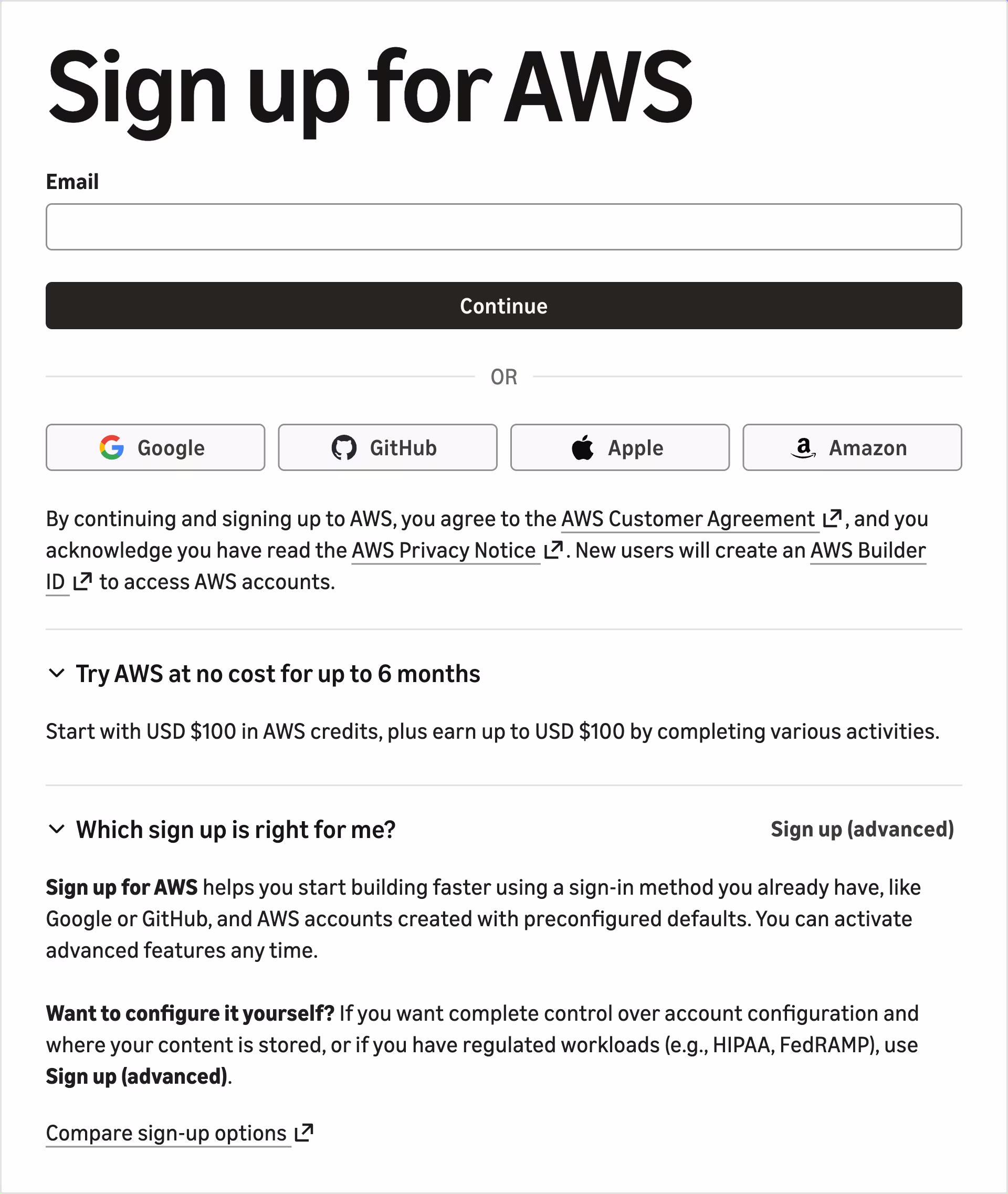 Expanded version of landing page of AWS sign-up