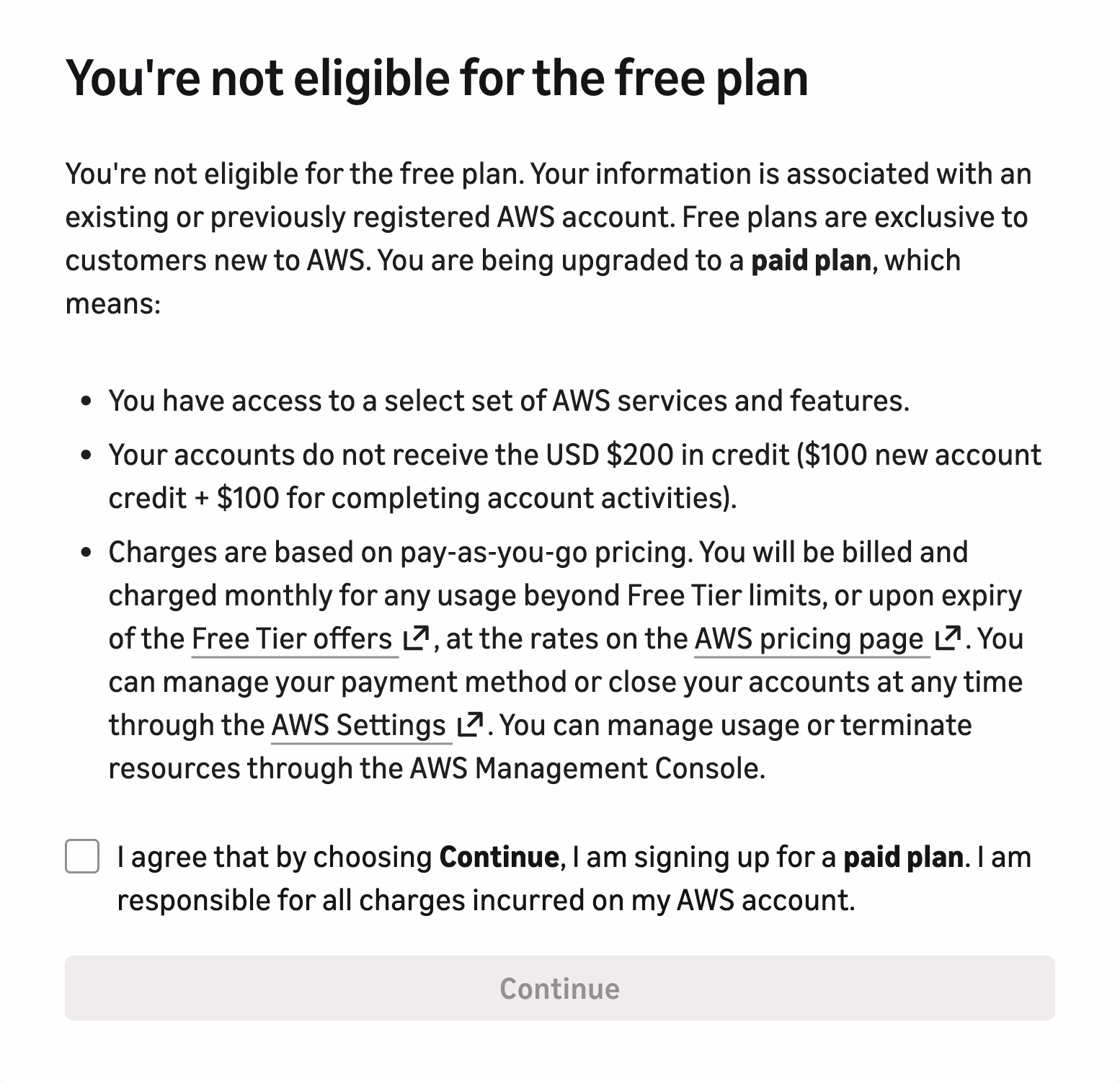interface to show you don't qualify for the free tier on AWS sign-up