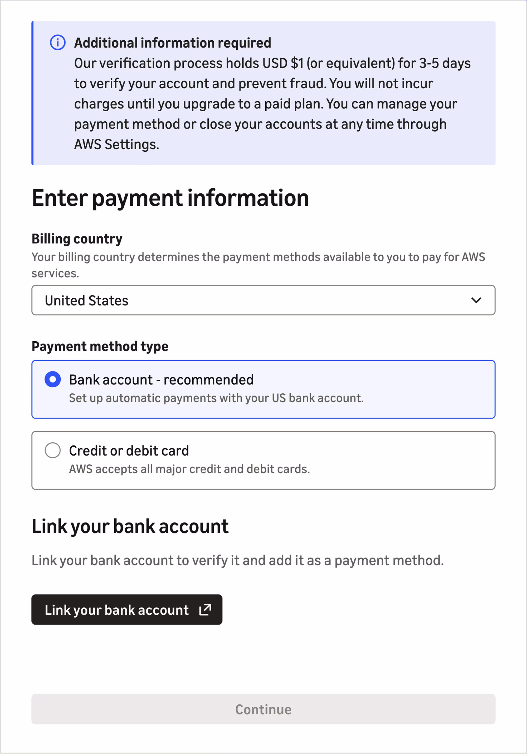 interface to enter payment details on AWS sign-up